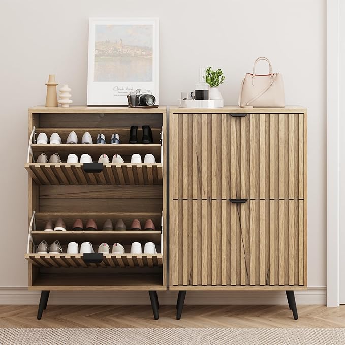 Smuxee Shoe Cabinet with 2 Flip Drawers, 23.6" Natural Hidden Shoe Storage - Image 3