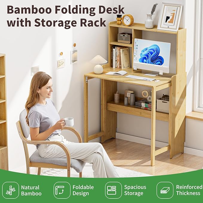 Bamboo Folding Desk with Storage Rack Mid Century Modern Desk - Image 3