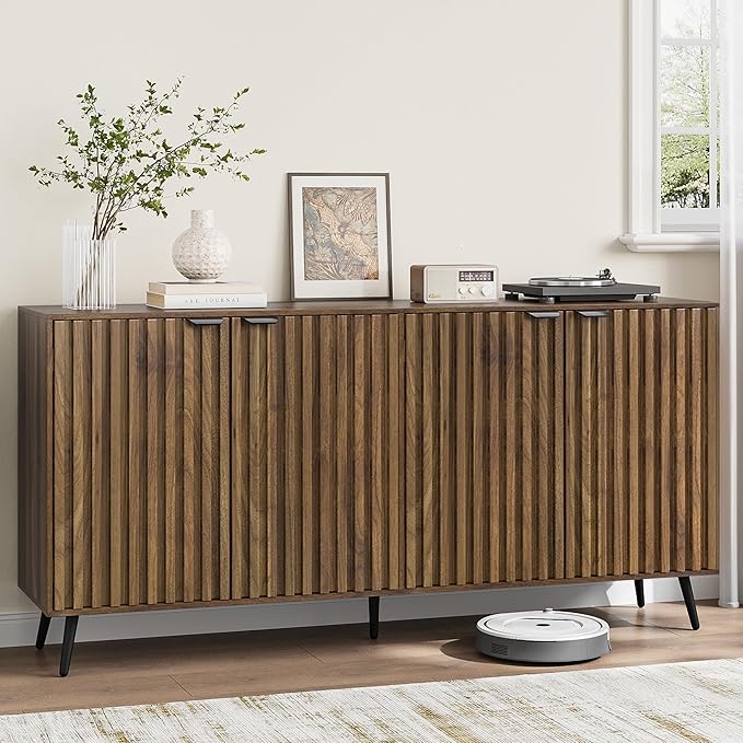 Smuxee 63" Fluted Sideboard Cabinet, Freestanding Walnut Buffet Cabinet by Smuxee