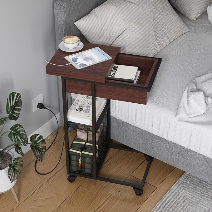 LIDYUK C Shaped End Table with Charging Station, Flip Top Side Table with USB - Image 2