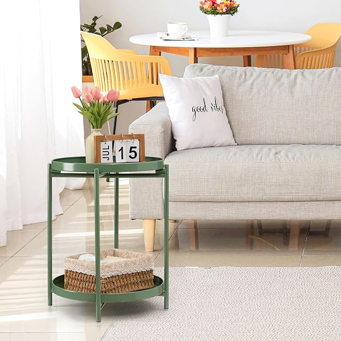 TeoKJ 2 Tier Green Side Table, Folding Round Metal End Table Small Nightstand - Image 8
