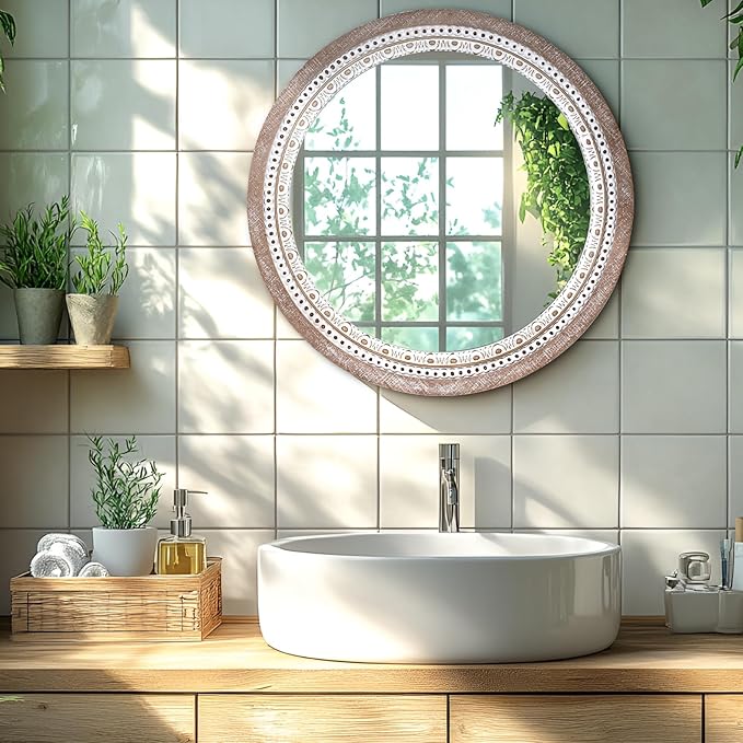 24 Inch Wooden Round Mirror for Wall Decor, Farmhouse Rustic Decorative Circle - Image 2