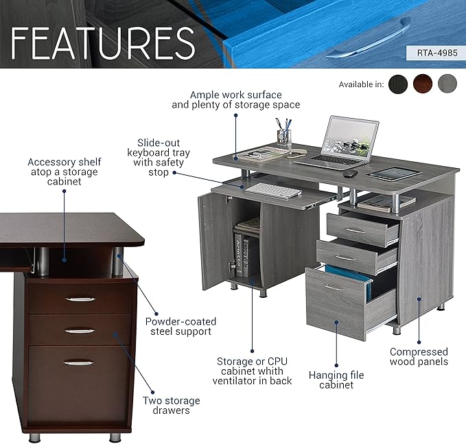 Techni Mobili 47.25" Ergonomic Computer Drawers & File Cabinet - Image 4