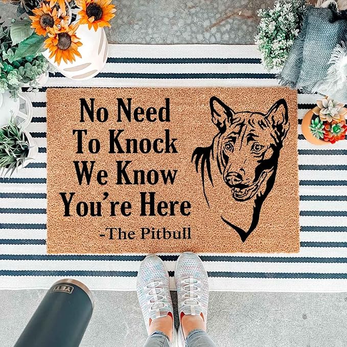 Funny Coir Doormat with The Pitbull Dog We Know You are Here - Image 5