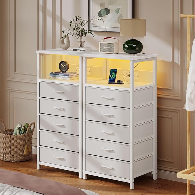 Seventable Night Stand with Charging Station, Tall Nightstand with 5 Fabric - Image 7
