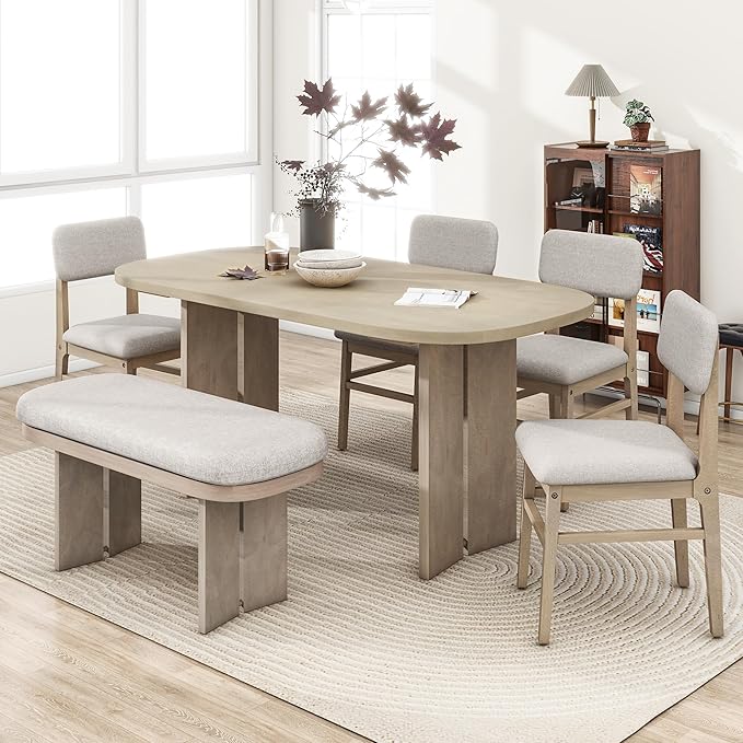 Merax Farmhouse Wooden Dining Set of 6, 65 Inch Rectangular Kitchen Table by Merax