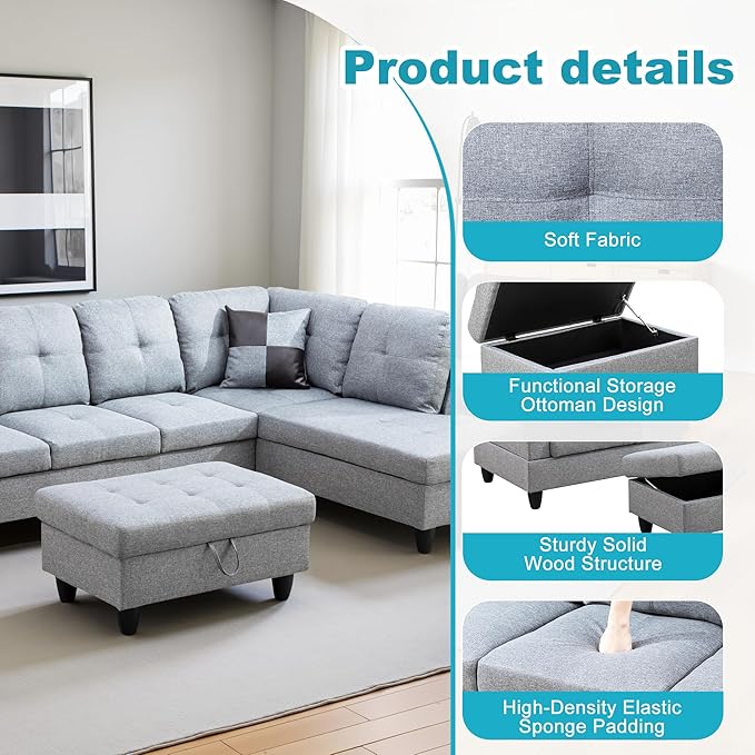 Couches for Living Room Modern L Shaped Couch Comfy Linen Fabric 3 Pieces - Image 5