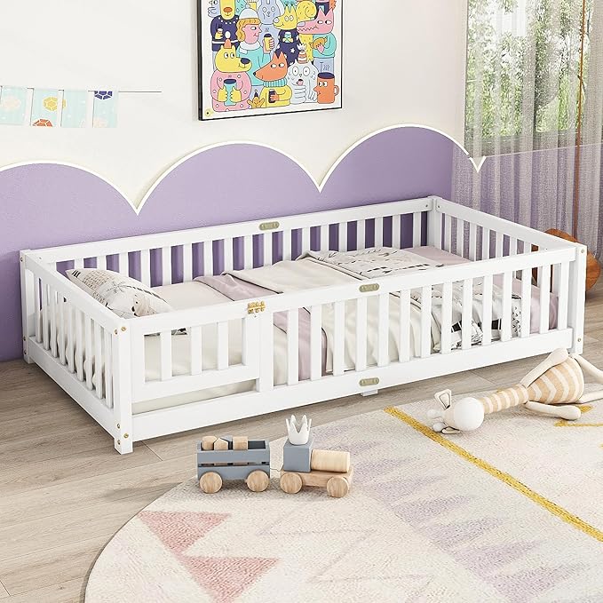 Twin Floor Bed Frame with Slats and Safety Guardrail, Wood Twin Size Montessori - Image 4