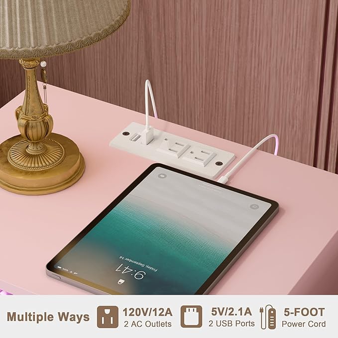Modern Nightstand with Charging Station and LED Lights, Fluted Side Table - Image 4