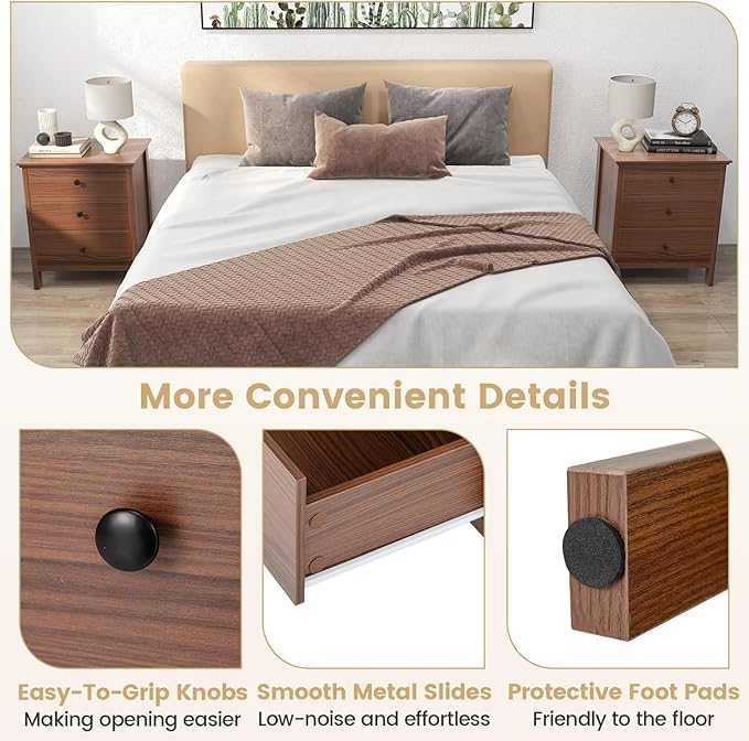 KOMFOTT 3 Drawers Nightstand, Wooden Bedside Table, Modern Sofa Side End Table - Image 7