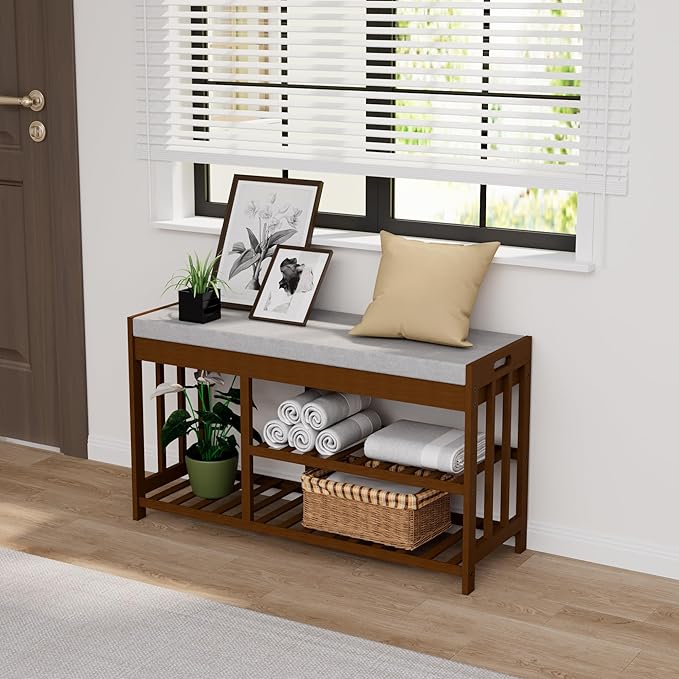 3-Tier Bamboo Shoe Rack Bench, Shoe Storage Organizer Bench, Entryway Benchs - Image 5