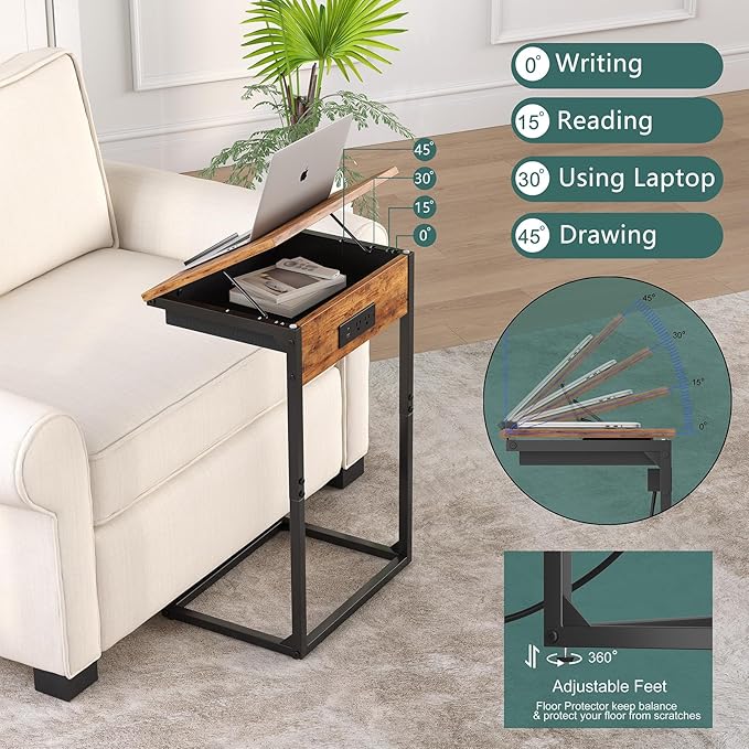 C Shaped End Table with Charging Station, 45° Tiltable Adjustable Flip Top - Image 4