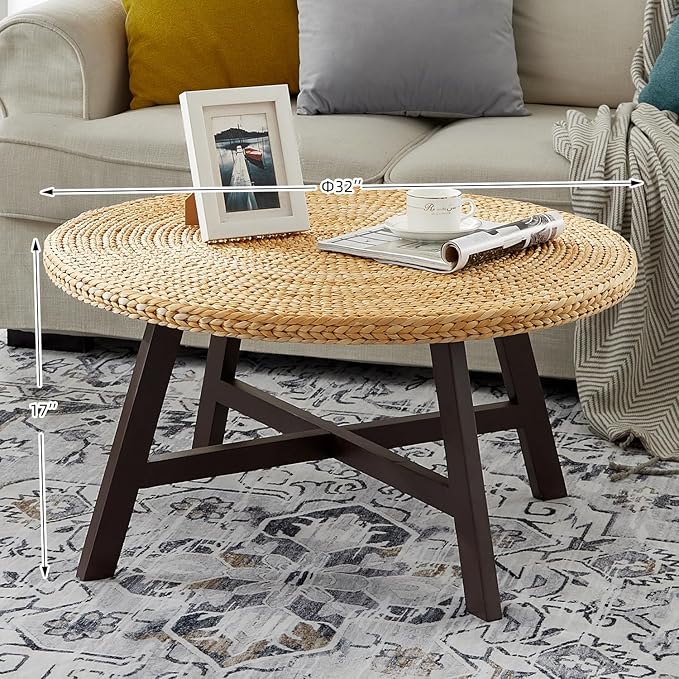 RANDEFURN Coffee Table Round, Seagrass Coffee Tables, Pine Wood X Base Frame - Image 6