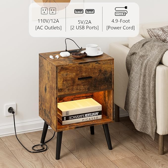 Nightstand with Charging Station and LED Lights, Small Side Table, Bedside - Image 5