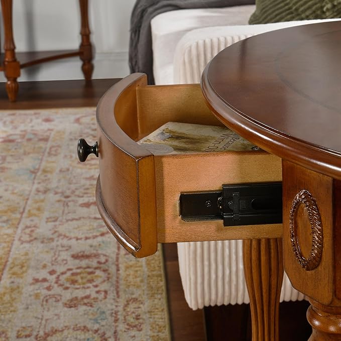 Solid Wood End Table with Drawer and Storage Shelf, Oval Sofa Side Table with - Image 9