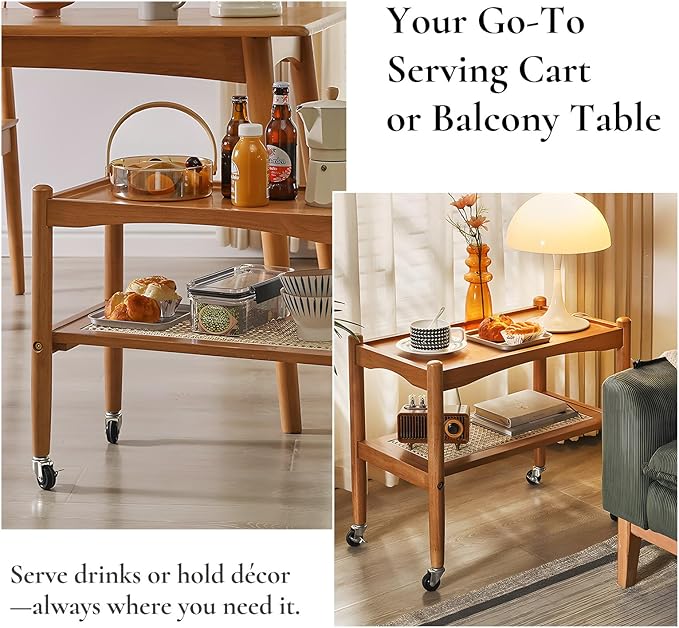 Rattan Side Table with Wheels, Small End Table with Storage, Narrow Wooden Bed - Image 8