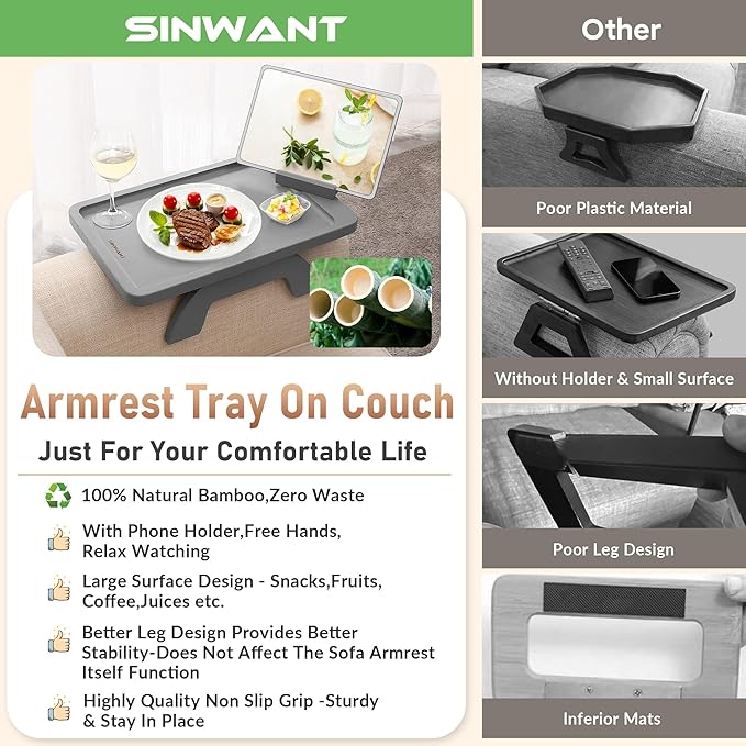 SINWANT Couch Armrest Table, Bamboo Couch Arm Table 360° Phone Holder, Foldable - Image 6