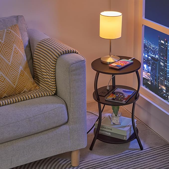 Small Round Side Table with Charging Station, 3-Tier Waist Circular End Table - Image 9