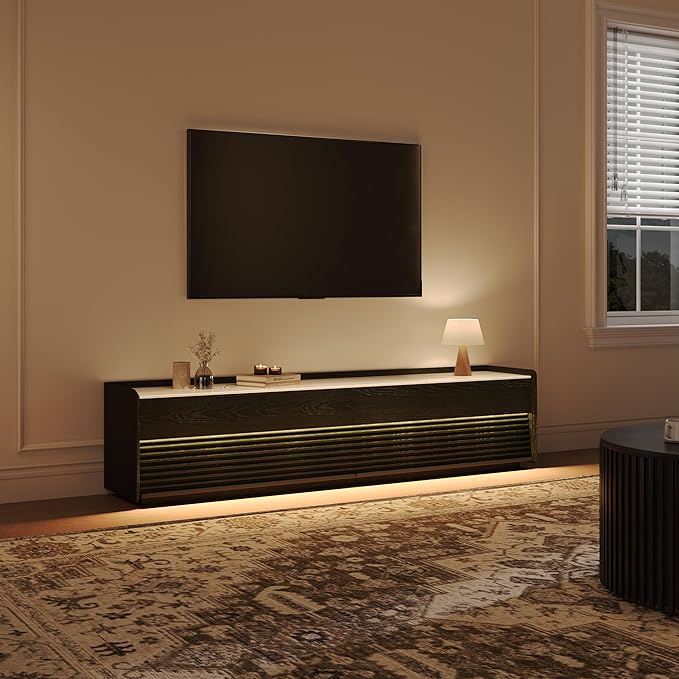 POVISON Fully-Assembled Mid Century Glossy Sintered Stone TV Stand, 78.74" Wood - Image 3