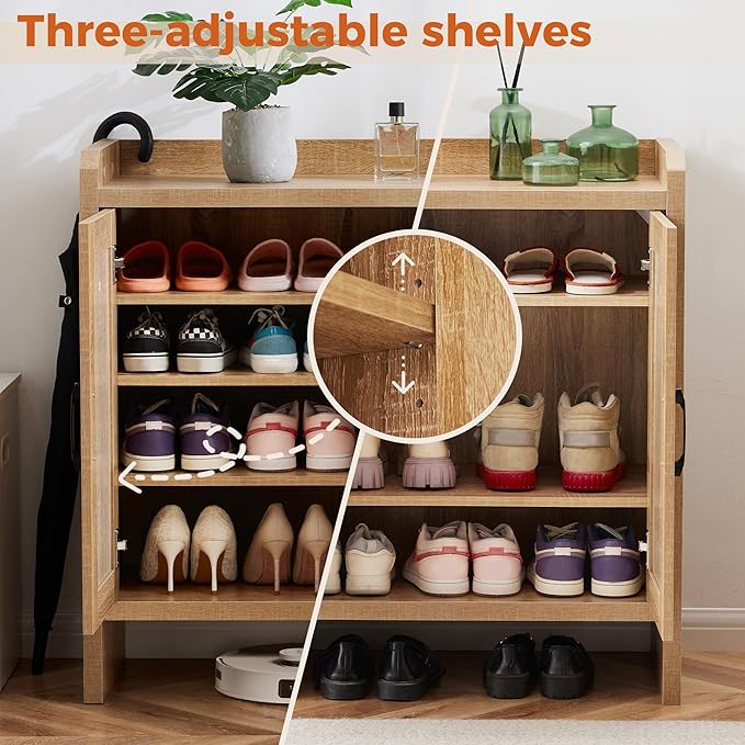 Shoe Cabinet Storage for Entryway, Natural Rattan Shoe Storage Cabinet - Image 5