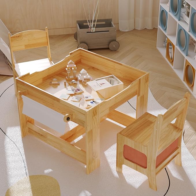 Pinewood Kids Table and Chair Set, 3 in 1 Toddlers Wooden Art Activity Table - Image 11