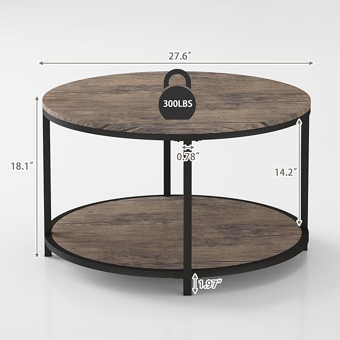 Round Coffee Table, Rustic Wooden Surface Top & Sturdy Metal Legs Industrial - Image 7