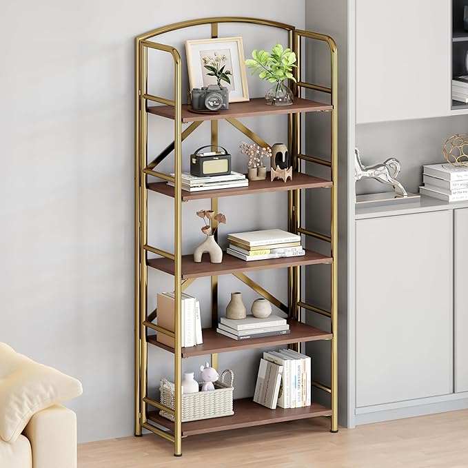No-Assembly Folding Gold Bookshelf Storage Shelves 5 Tiers Vintage - Image 4