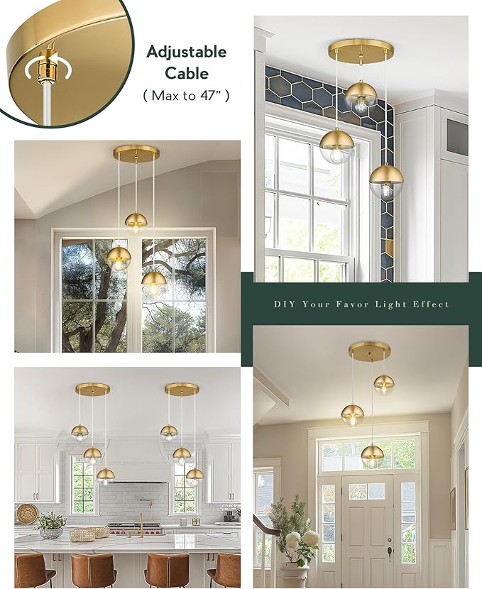 LMS Brushed Gold 3-Light Cluster Pendant Lights, Modern Dining Room Light - Image 5