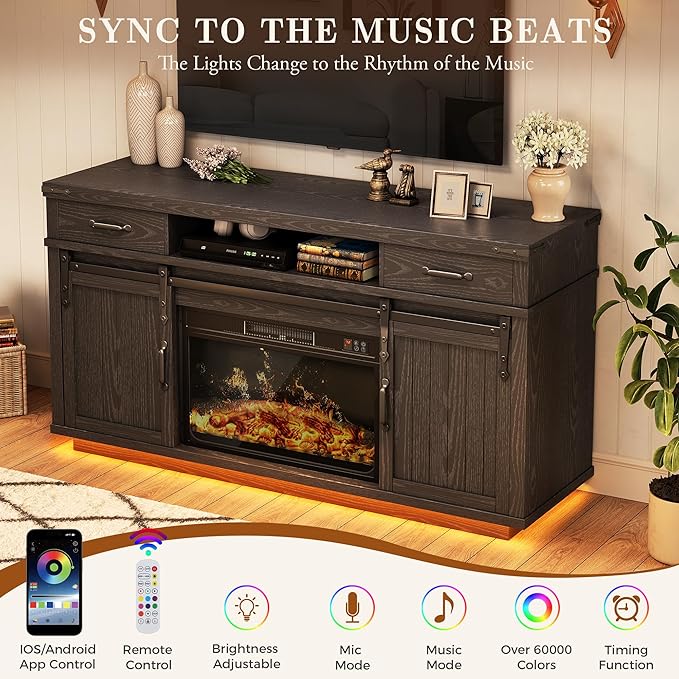 59'' Fireplace TV Stand with 3D Flame Electric Fireplace Heater, Entertainment - Image 5