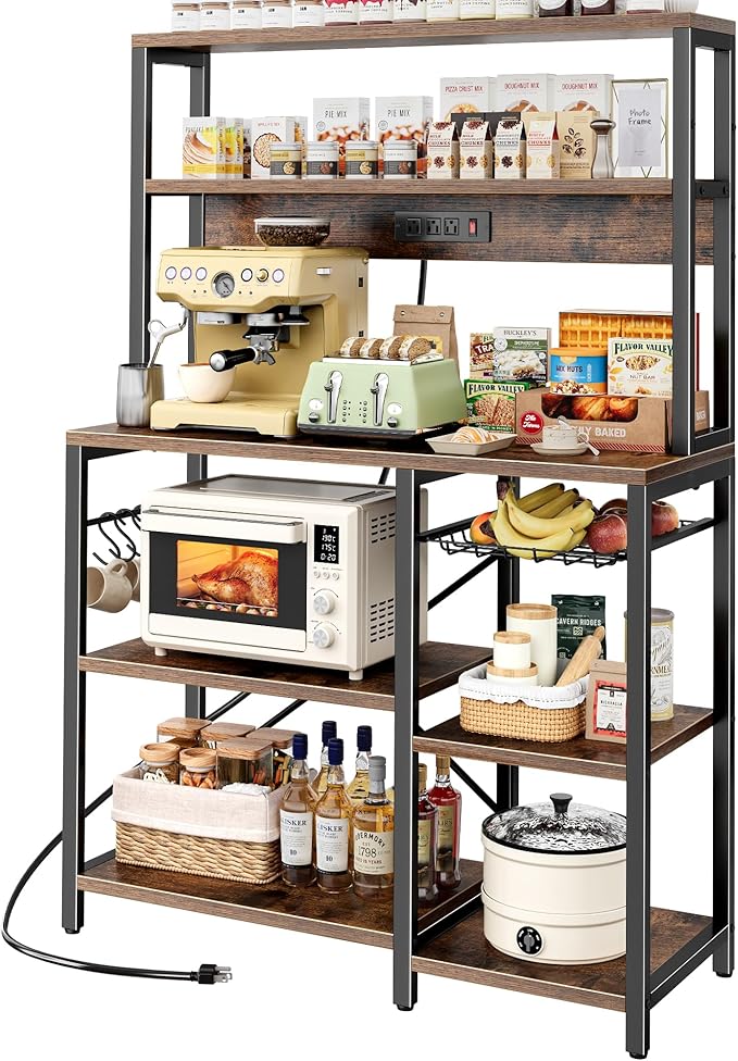 SUPERJARE Bakers Rack with Power Outlet, 35.4 Inches Coffee Bar with Wire Basket by SUPERJARE