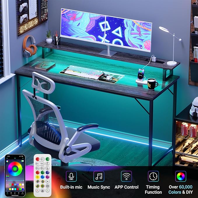 47 inch Computer Desk with Power Outlets, Gaming Desk with LED Lights, Home - Image 4