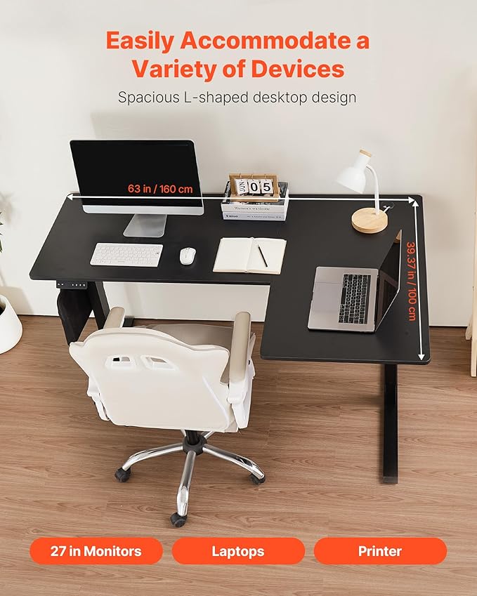 VEVOR Electric L Shaped Standing Desk 63"x39", 3 Memory Height Adjustable - Image 5