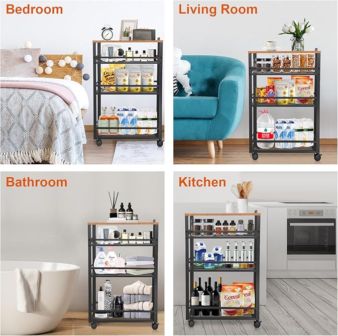 2025 New, Slim Kitchen Storage Cart, 3-Tier Metal Rolling Utility Cart Mesh - Image 6