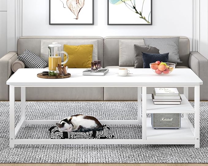 EXCEFUR White Coffee Table, Modern Rustic Wood Center Table by EXCEFUR