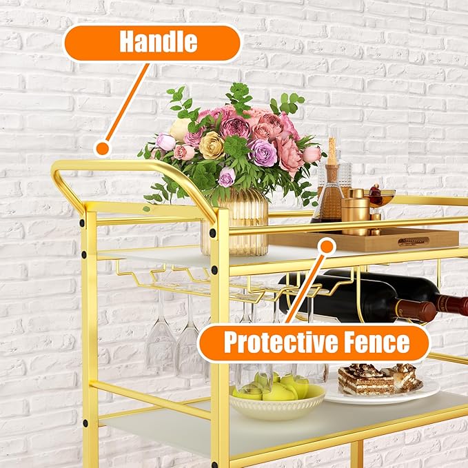 Gold Bar Cart, Serving Cart for Home, Rolling Beverage Cart - Image 9