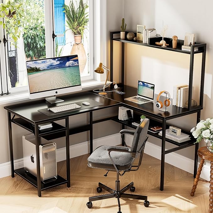 L Shaped Computer Desk with Hutch and Storage Shelves, Gaming Desk with LED - Image 7