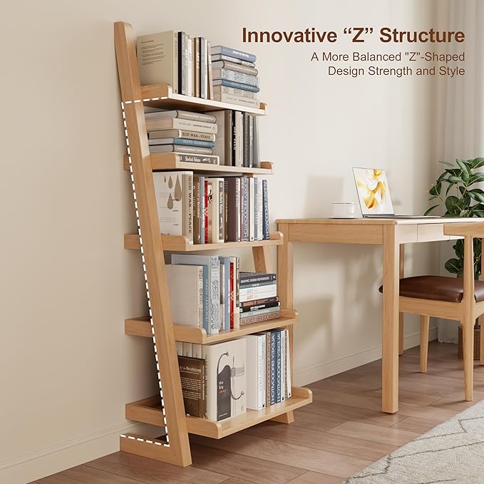 Wooden Ladder Shelf with Edges, 5-Tier Modern Leaning Bookshelf Ladder – - Image 3