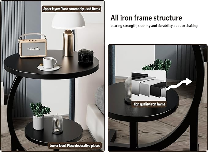 C-Shaped End Table, 2 Tiers Round Side Table, Sofa Small Side Table - Image 6