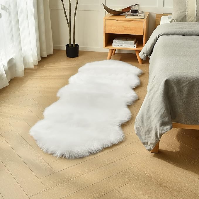 duduta White Faux Sheepskin Runner Rugs 2x6 ft, Fluffy Shag Bedroom Rug Fur - Image 5