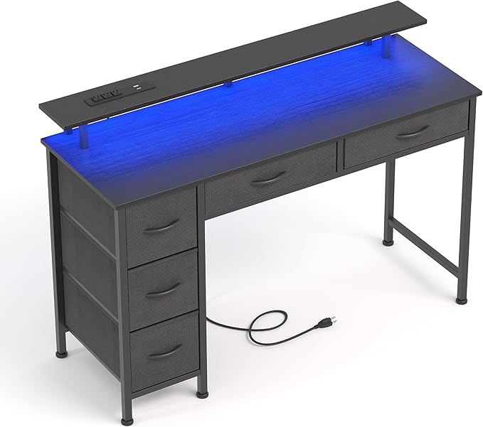 Computer Desk with 5 Drawers, Gaming Desk with LED Lights Power Outlets and by Mexin