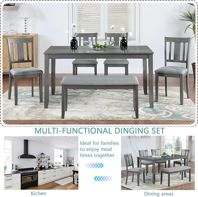 soges 6 Piece Kitchen Dining Table Set, Wooden Dining Table - Image 2