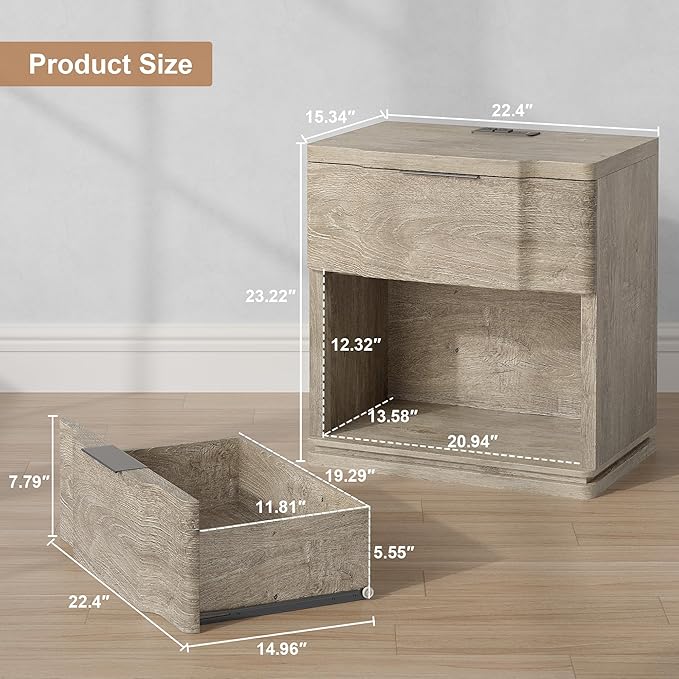 Night Stand with Charging Station, Wooden Mid Century Modern Nightstand with - Image 2