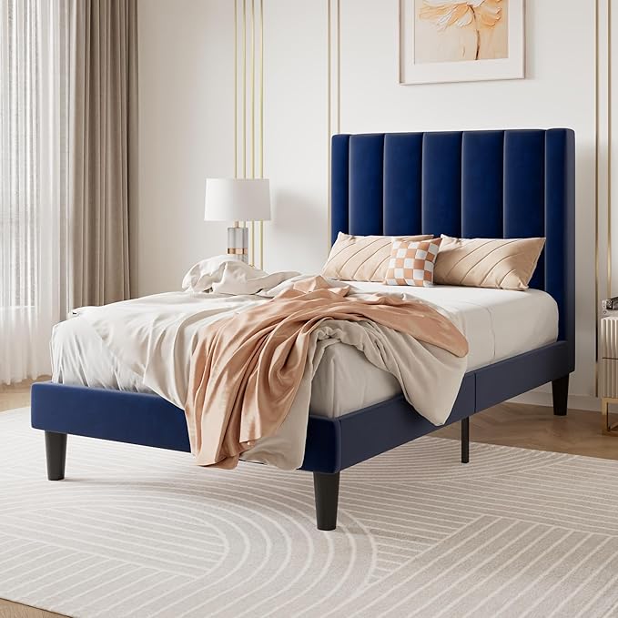 SHA CERLIN Twin Bed Frame/Velvet Upholstered Platform Bed Frame - Image 3