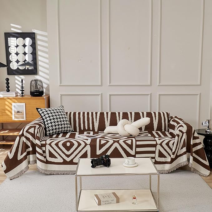 STACYPIK Boho Sofa Cover for Pet, Chocolate Geometric Couch Cover for Sectional by STACYPIK
