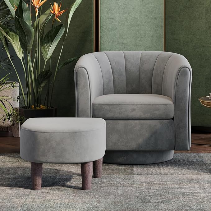 LINSY Swivel Accent Chair with Ottoman: Small Velvet Barrel Chair 360 Swivel by Linsy