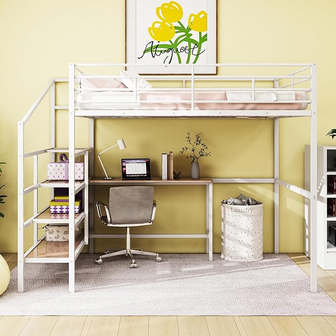 Full Size Metal Loft Bed with Desk and Lateral Storage Ladder, Modern Style - Image 3
