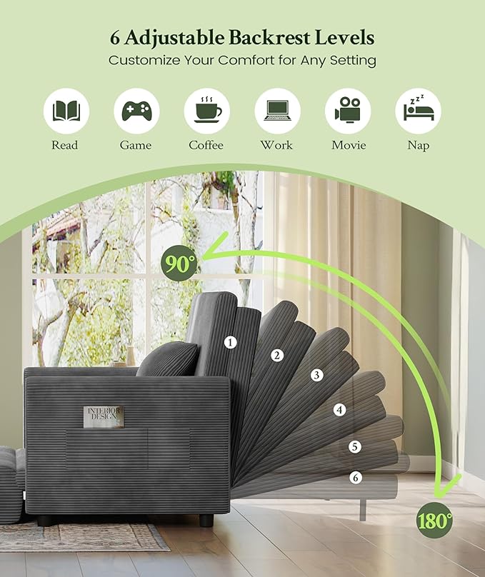 53” Convertible Sofa Bed Couch, Corduroy Couch Bed, 6-Position Loveseat Sleeper - Image 4