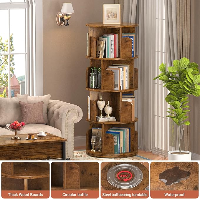 Rotating Bookshelf, Corner Bookshelf, 360 Display Wood Spinning Bookcase - Image 4