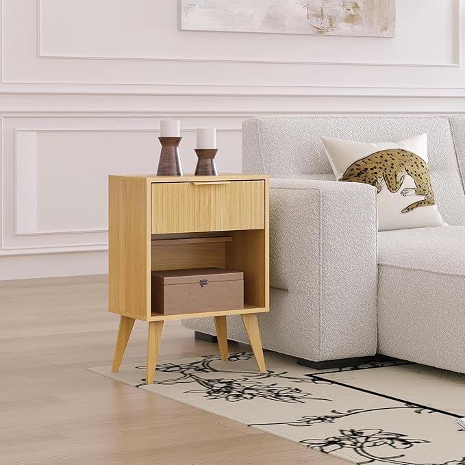 Fluted Night Stand with Opening Storage, Mid Century Bedside Table with Drawer - Image 5