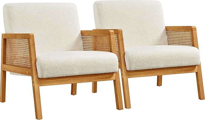 Yaheetech Boucle Fabric Accent Chair, Vintage Rattan Vanity Chair by Yaheetech